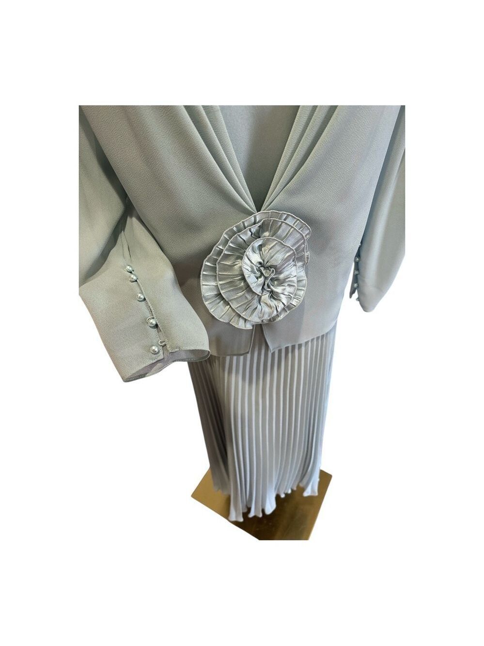 80s URSULA OF SWITZERLAND BLUE CHIFFON & SATIN DRESS W MICRO PLEAT SKIRT SZ 14W - Picture 7 of 7